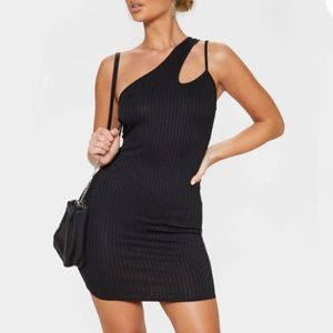 Black Ribbed Asymmetric Strap Bodycon Dress